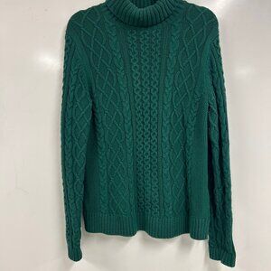 0506 Land’s End Green Cable Knit Turtleneck Sweater Chunky Cozy Classic Winter